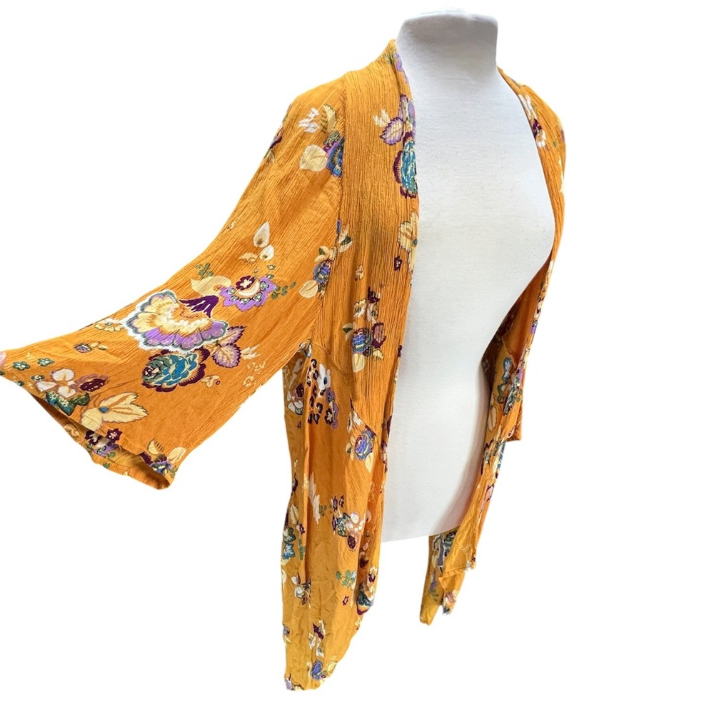 Patrons of Peace Mustard Yellow Floral Kimono Cardigan Sz S Boho Layering Hippie